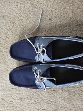 Coach Men's Navy and Light Blue Leather-Trim Boat Shoes